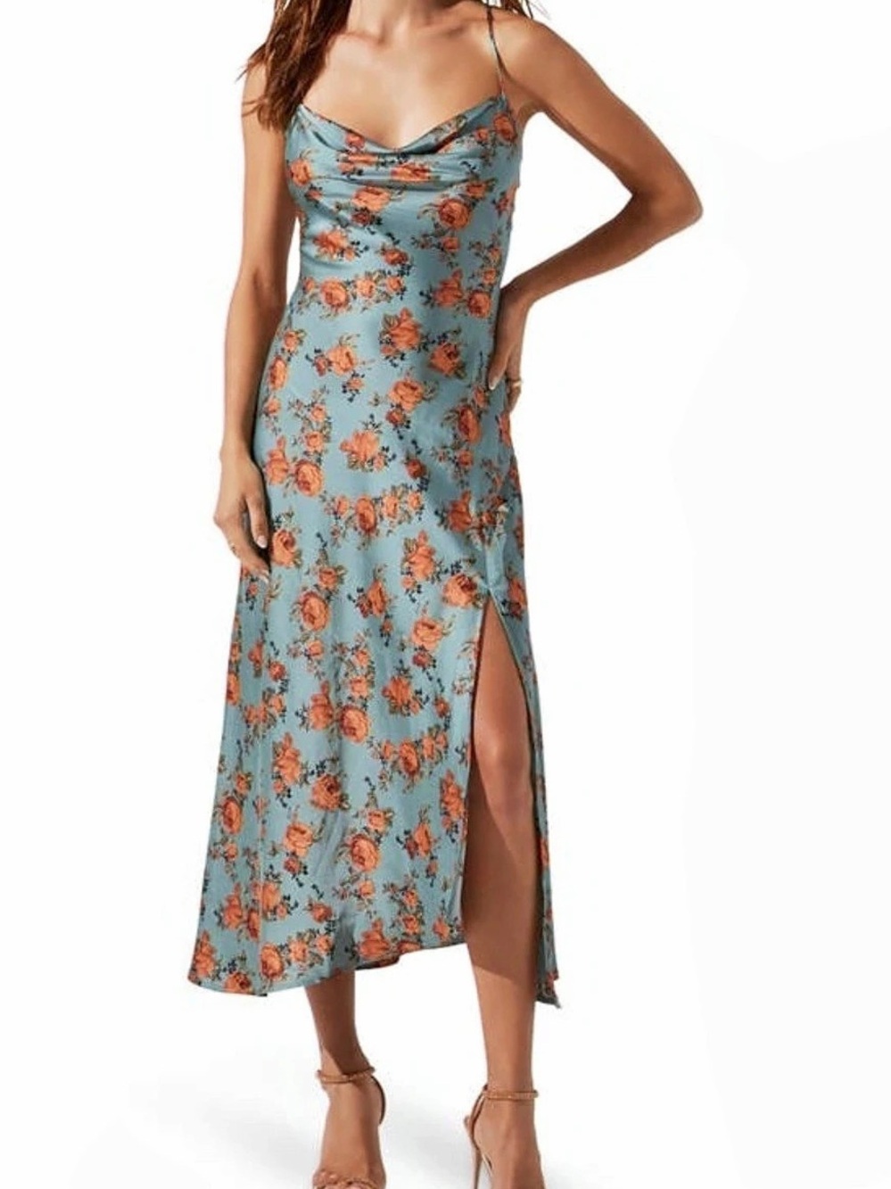 ASTR the Label Floral Midi Slip Dress in Blue & Orange Like New